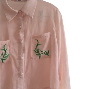 Blush Pink Cropped Button Up Long Sleeve Top With Foliage Embroidery on Pockets